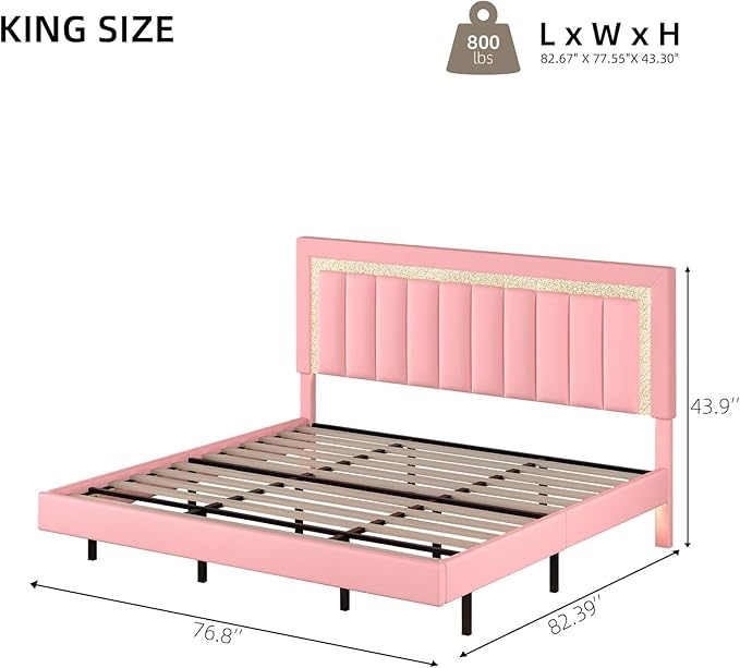 HOMBCK Floating Bed Frame King with Smart LED Lights, Faux Leather Upholstered Bed with Diamond PU Headboard, No Box Spring Needed, Noise-Free, Easy Assembly, Pink