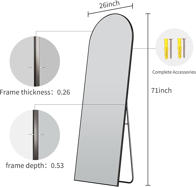 Full Body Mirror 26x71 inch Arched Full Length Mirror with Stand Aluminum Wall Mounted Hanging or Leaning Standing Mirrors,Black
