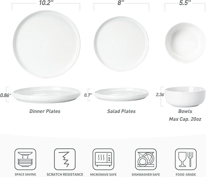 Famiware Dawn Dinnerware Sets, 18 Piece Dish Set with Speckled Design, Plates and Bowls Sets for 6, White
