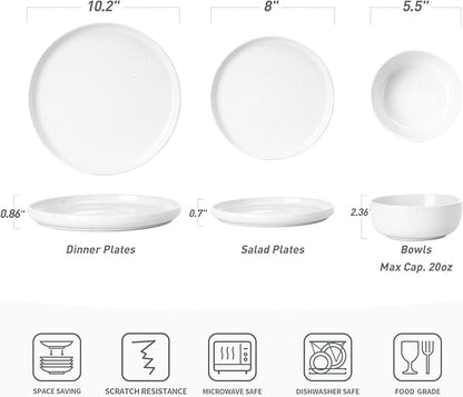 Famiware Dawn Dinnerware Sets, 18 Piece Dish Set with Speckled Design, Plates and Bowls Sets for 6, White