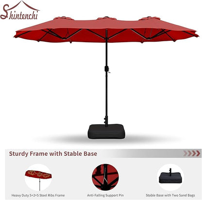 Shintenchi 16FT Large Patio Umbrella with Base, Outdoor Double-Sided Rectangular Umbrella, Market Umbrella with Crank Handle for Poolside Lawn Garden, Red