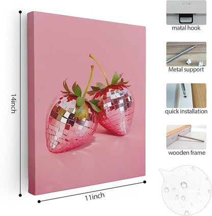 APJYM Funky Red Strawberry Wall Art, Trendy Retro Y2K Disco Ball Strawberry Canvas Wall Art, Aesthetic Posters for Girls Bedroom, Pink Room Decor Y2K, Preppy Room Decor, 11x14 Inches Framed