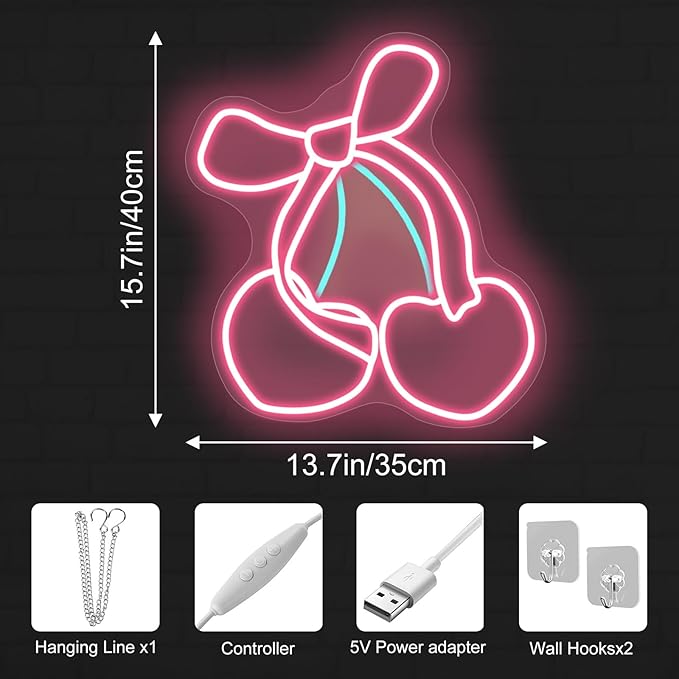 Pink Cherry Bow LED Neon Sign, Girly Heart Coquette Cherry Trendy Wall Art Neon Light Girl's Bedroom Home Dorm Salon Wall Decor for Kids Room,Restaurant,Bar,Fruit Shop,Home, Wedding Supplies
