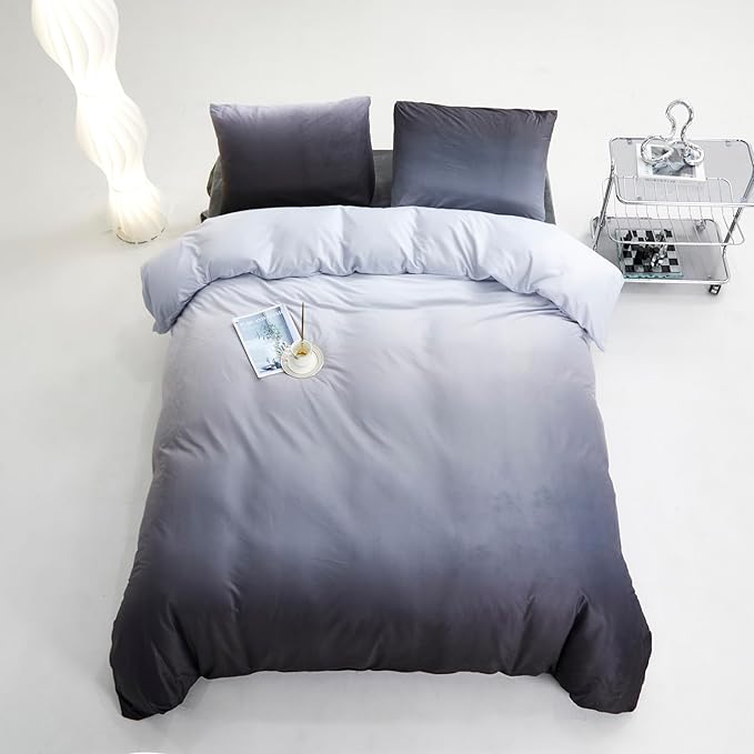 CLOTHKNOW Grey White Fluffy Comforter Set King Velvet Bedding Comforter Sets Soft Gray Comforter and 2 x Pillow Cases