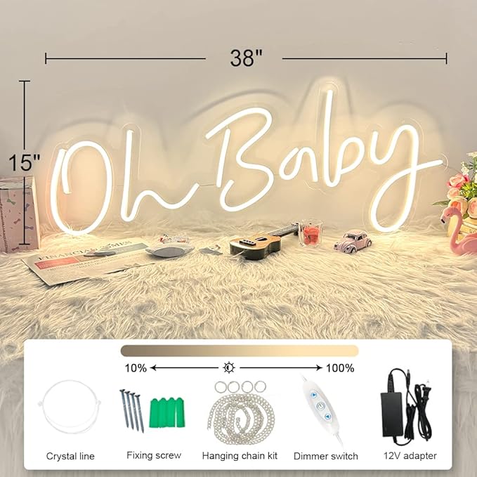 DIVATLA 38"x15" Large Oh Baby Sign for Backdrop - Oh Baby Neon Sign Dimmable Light Up Sign for Gender Reveal, Wedding, Birthday Party Bedroom Wall Decor
