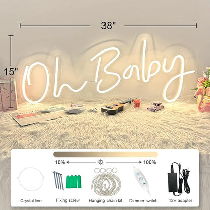 DIVATLA 38"x15" Large Oh Baby Sign for Backdrop - Oh Baby Neon Sign Dimmable Light Up Sign for Gender Reveal, Wedding, Birthday Party Bedroom Wall Decor