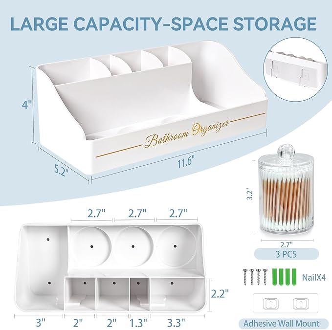 Toothbrush Holders, Toothbrush Holders for Bathroom with 6 Large Capacity Storage Slots & 3 Qtip Holders - Sturdy for Bathroom Counter Organizers and Storage Countertop - Marble White