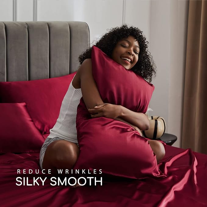 MR&HM Satin Bed Sheets, Full Size Sheets Set, 4 Pcs Silky Bedding Set with 15 Inches Deep Pocket for Mattress (Full, Burgundy)