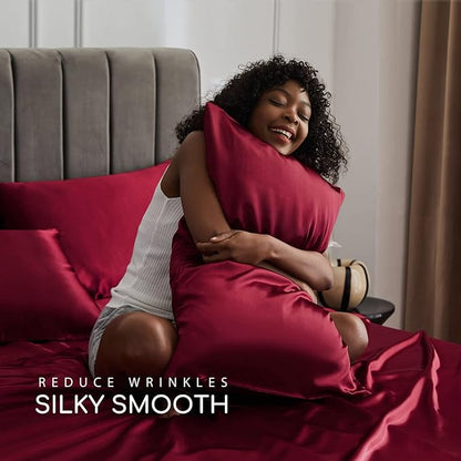 MR&HM Satin Bed Sheets, Twin XL Size Sheets Set, 3 Pcs Silky Bedding Set with 15 Inches Deep Pocket for Mattress (Twin XL, Burgundy)