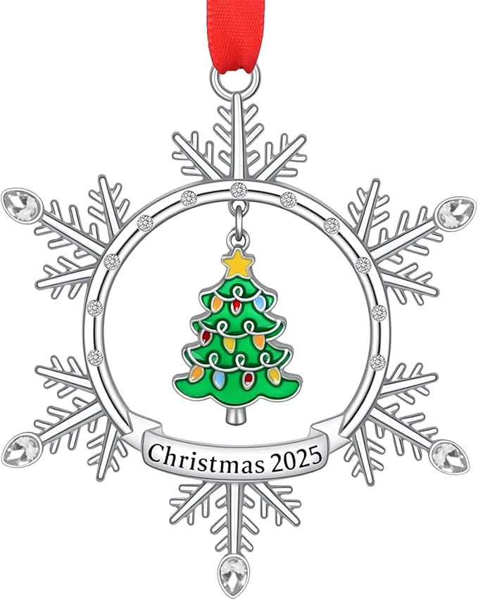 Christmas Ornament 2025, Silver Snowflake Ornament with Tree Design, Metal Hanging Engraved Christmas 2025 Ornaments, Holiday Keepsake Ornament for Xmas Tree Decor