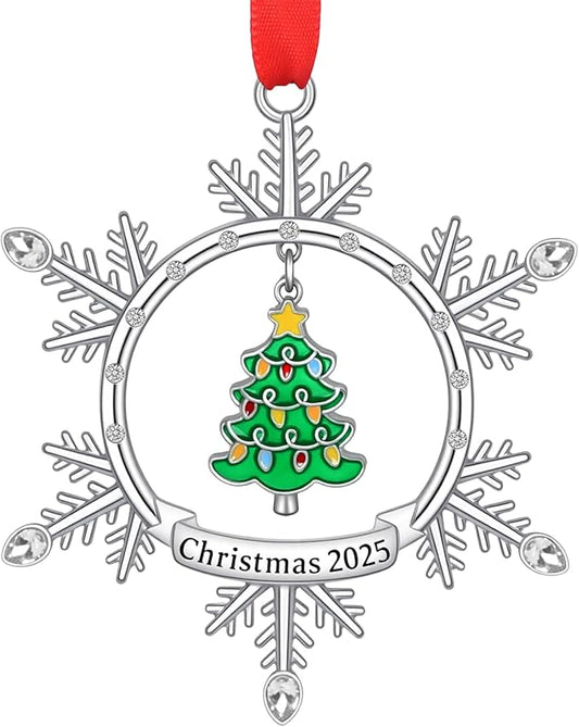 Christmas Ornament 2025, Silver Snowflake Ornament with Tree Design, Metal Hanging Engraved Christmas 2025 Ornaments, Holiday Keepsake Ornament for Xmas Tree Decor