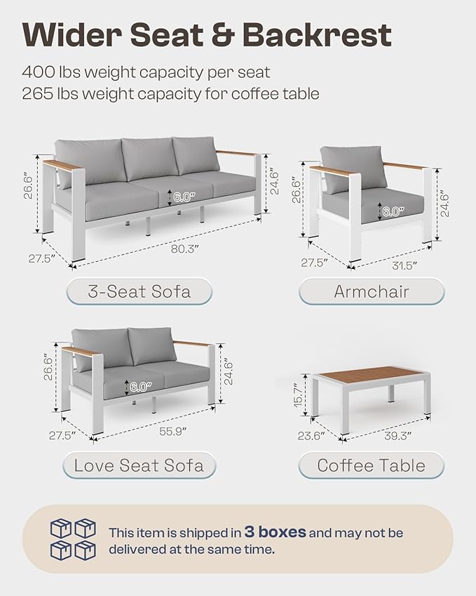 Aluminum Outdoor Patio Furniture, 3 Seats All-Weather Outdoor Patio Chair with Washable Thick Cushion, Patio Outdoor Chair for Porch, Balcony, Deck, Yard, White