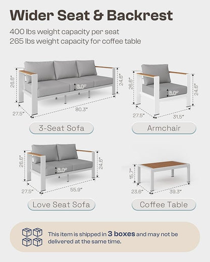 Aluminum Outdoor Patio Furniture, 3 Seats All-Weather Outdoor Patio Chair with Washable Thick Cushion, Patio Outdoor Chair for Porch, Balcony, Deck, Yard, White