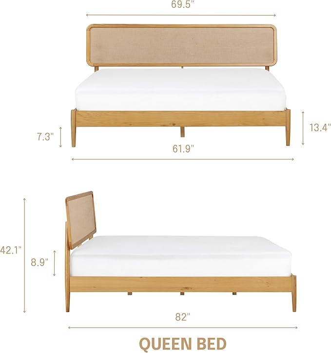 NTC Lupin Wooden Bed Frame with Headboard, Solid Oak and Rubber Wood Foundation with Silent Slats and Wood Central Supports, 1000 Lb Capacity, Effortless Assembly, Queen - Rustic Oak