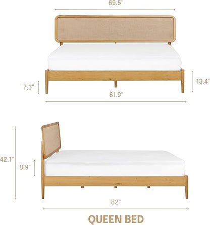 NTC Lupin Wooden Bed Frame with Headboard, Solid Oak and Rubber Wood Foundation with Silent Slats and Wood Central Supports, 1000 Lb Capacity, Effortless Assembly, Queen - Rustic Oak