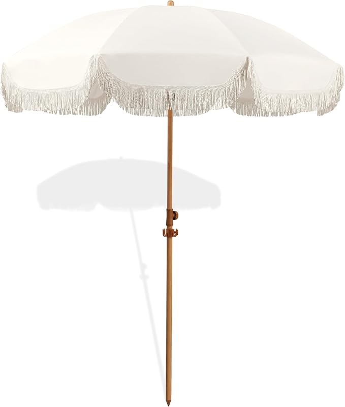 6.5ft Patio Umbrella with Fringe, Beach Umbrella, Fringe Umbrella Outdoor Patio with Hanging Hook, Tilting Aluminum Pole, UV 50+, Fiberglass Ribs, Elegant Cream