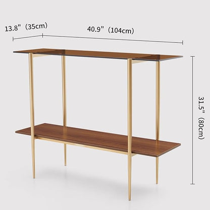 Glass Console Table for Living Room, Foyer & Entrance, 2-Tiers Mid-Century Modern Sofa Table with Amber Glass Top, Walnut Finish Wood Shelf and Gold Finish Frame