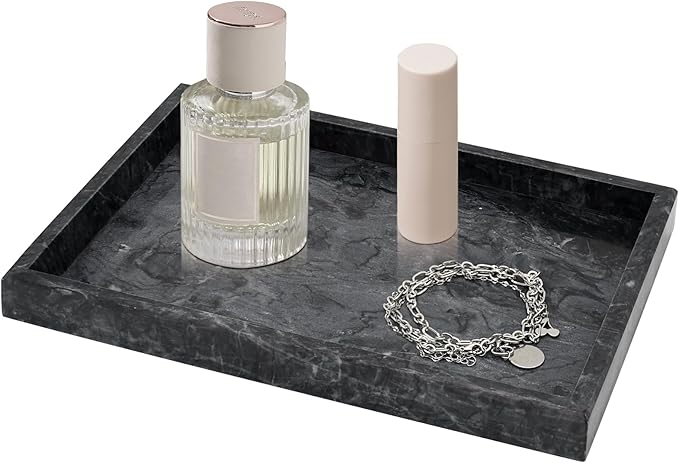 Marble Bathroom Tray,Pure Natural Vanity Tray,Marble Trays for Kitchen Counter Non-Ceramic/Non-Resin,Stone Tray 12 x 8 inch (Black) ﻿