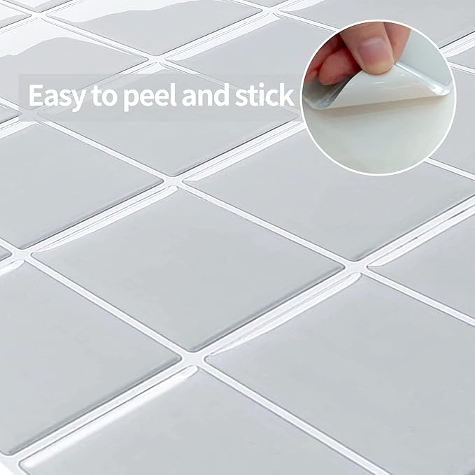 Alwayspon 10 Sheets 10"x10" Grey 3D Vinyl Backsplash Tiles, Self-Adhesive Peel and Stick Wall Tile Stickers Stick on Subway Tiles for Kitchen Bathroom Wall