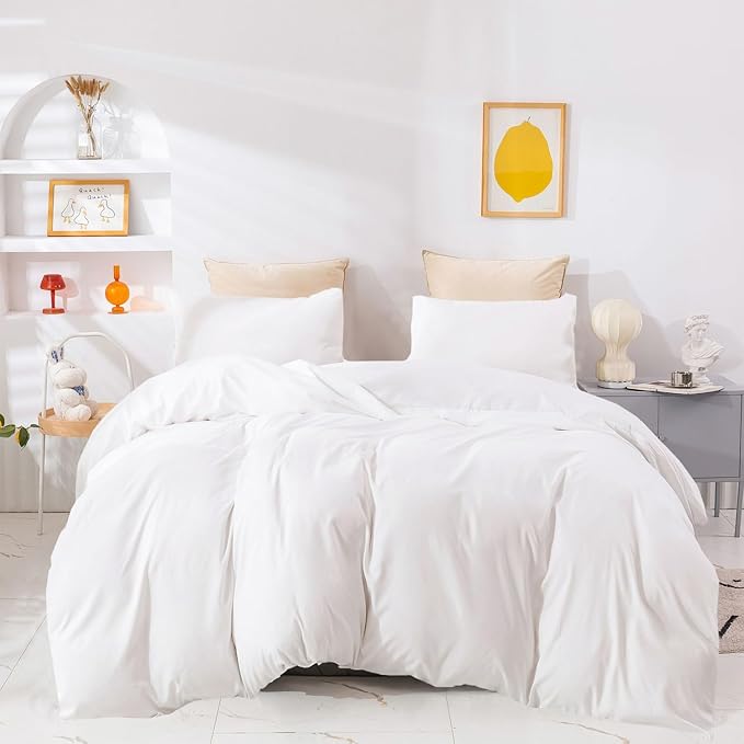 Pureant White Comforter Sets Queen Plain White Bedding Comforters Cotton Solid White Bed Quilts Queen Size Cozy Women Men All White Minimalist Bedding Adults Teens Pure White Durable Blankets