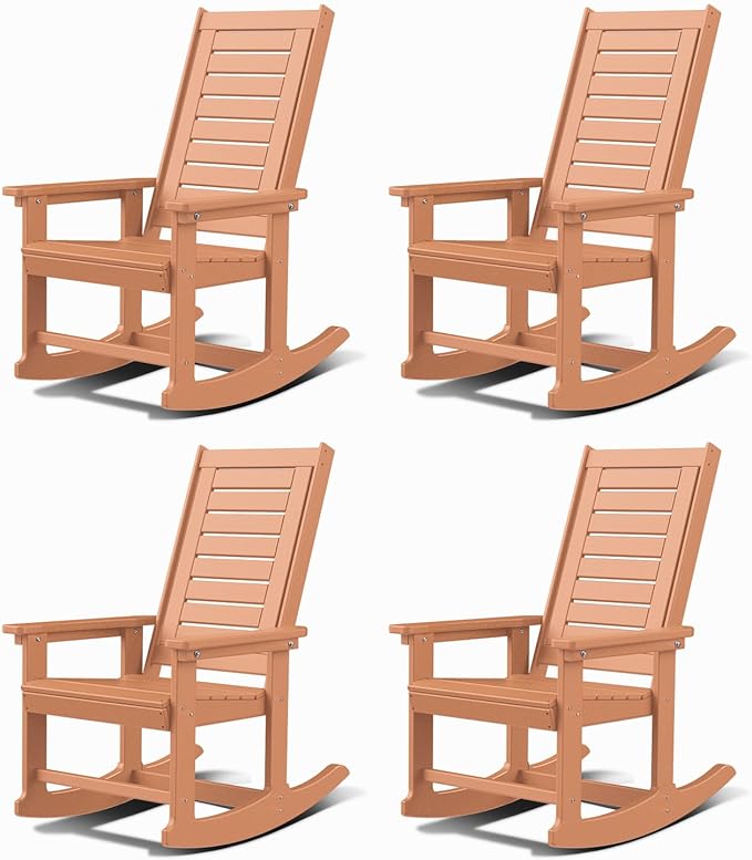 GREENVINES Outdoor Rocking Chairs | Set of 4 | Porch Rocker | HDPE Plastic | Teak | Oversized Rockers | High Back | Big & Tall | Ladder Back | for Patio Outside Backyard Balcony Garden