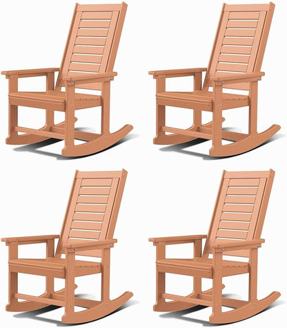 GREENVINES Outdoor Rocking Chairs | Set of 4 | Porch Rocker | HDPE Plastic | Teak | Oversized Rockers | High Back | Big & Tall | Ladder Back | for Patio Outside Backyard Balcony Garden
