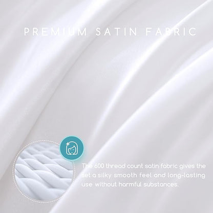 MR&HM Satin Bed Sheets, Queen Size Sheets Set, 6 Pcs Silky Bedding Set with 15 Inches Deep Pocket for Mattress (Queen, White)