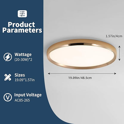 Dimmable LED Flush Mount Ceiling Light, 19inch Gold Bedroom Ceiling Lamp, Ultra-Slim, 40W, 3000K-6000K Adjustable, Modern Kitchen Lighting Fixture for Living Room, Bathroom, Office, Study