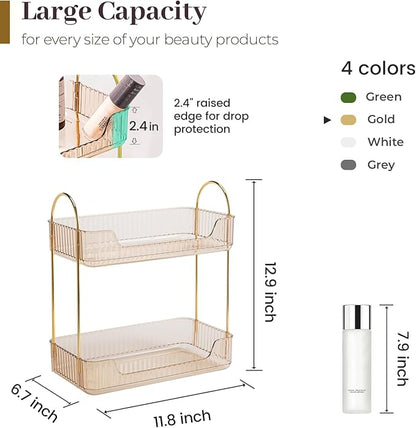 Aveniee Bathroom Counter Organizer, 2 Tier Perfume Skin Care Countertop Storage Shelf, Vanity Makeup Tray for Cosmetic Skincare Lotion, Gold