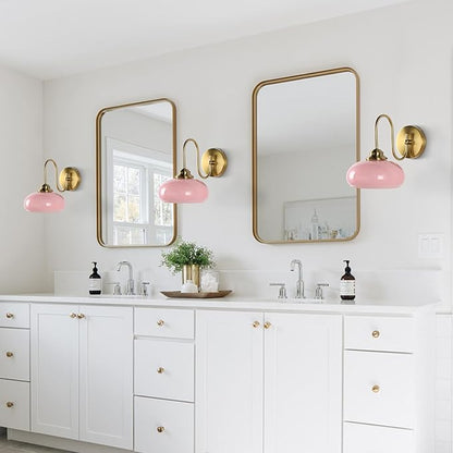 KCO Lighting Nordic Pink Glass Globe Wall Sconce Light Mid Century Modern Gold Wall Light Brushed Brass Wall Sconce Lamp Bedroom Wall Sconces Hardwired Indoor Sconce Wall Lighting
