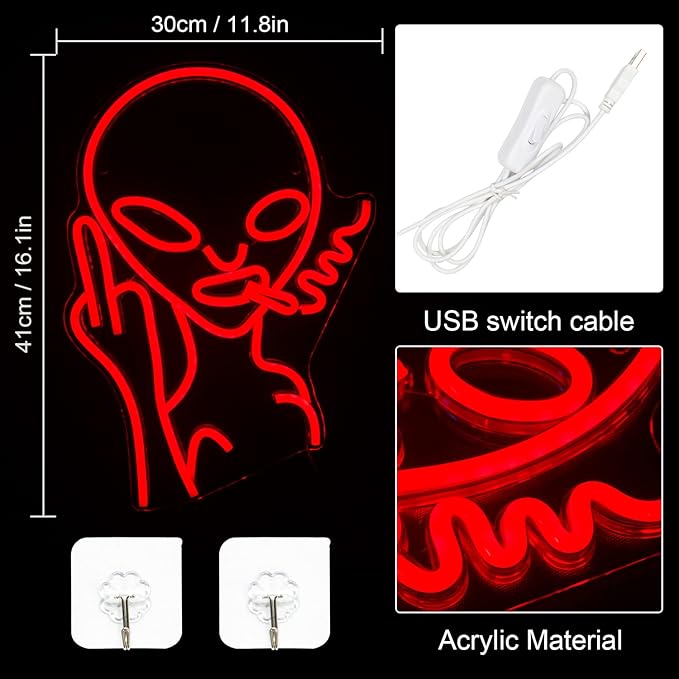 Lucunstar Red Alien Neon Sign Alien Neon Signs for Wall Decor,Man Cave Decor for Men,Shop Bar Pub Man Cave,Game Room,Hip Hop Party Led Lights Game Room Boy Gifts Personality Lovers
