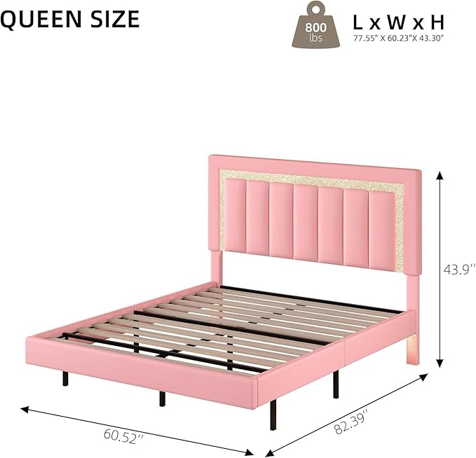 HOMBCK Floating Bed Frame Queen with Smart LED Lights, Faux Leather Upholstered Bed with Diamond PU Headboard, No Box Spring Needed, Noise-Free, Easy Assembly, Pink