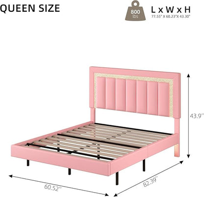 HOMBCK Floating Bed Frame Queen with Smart LED Lights, Faux Leather Upholstered Bed with Diamond PU Headboard, No Box Spring Needed, Noise-Free, Easy Assembly, Pink