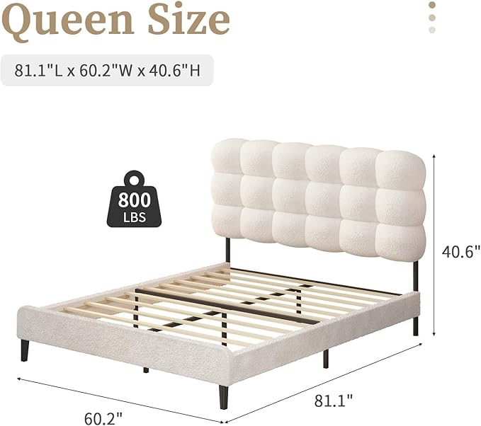 BarnFurin Queen Bed Frame with Upholstered Headboard, Teddy Soft Boucle Fabric, Platform Bed with Strong Wooden Slats Support, Two Bed Forms Design, No Boxing Spring Needed, Easy Assembly, White
