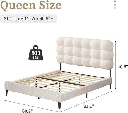 BarnFurin Queen Bed Frame with Upholstered Headboard, Teddy Soft Boucle Fabric, Platform Bed with Strong Wooden Slats Support, Two Bed Forms Design, No Boxing Spring Needed, Easy Assembly, White