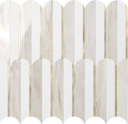 Vamos Tile Peel and Stick Backsplash Seamless Tile for Kitchen and Bathroom,1-Sheet White and Glossy Wooden Marble PVC Mixed Light Gold Self Adhesive Fish Scale Metal Mosaic Tiles