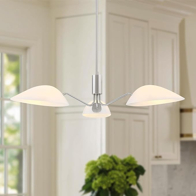 MEXO Modern Glass Chandeliers, Sputnik Chandelier Satin Nickel Pendant Lighting Fixture Glass Shade Ceiling Light for Dining Room Kitchen Island