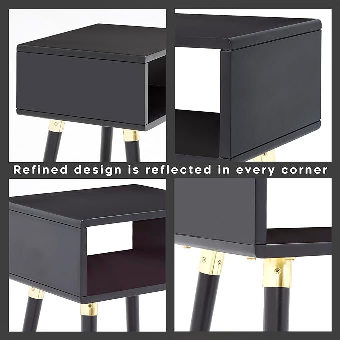 Bme Dinkee Solid Wood Bedside Table Fully Assembled Without Drawer for Mid Century Bedroom and Living Room, Black