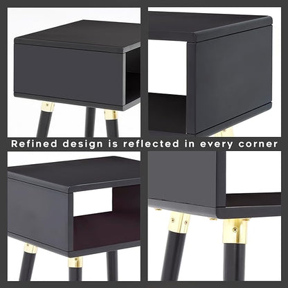 Bme Dinkee Solid Wood Bedside Table Fully Assembled Without Drawer for Mid Century Bedroom and Living Room, Black