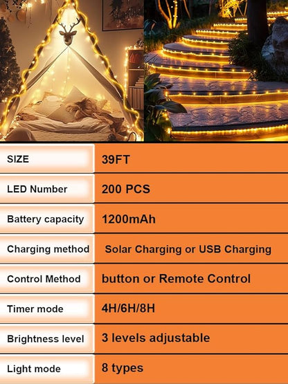 Larger Tube Solar Rope Lights 200LEDs Waterproof,Rechargeable Battery,Dual Charging,39FT Outdoor String Light,Remote-Control,for Pathway Patio Garden Palm Tree Christmas (Brighter - Warm White)