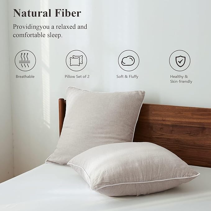 Simple&Opulence 100% Linen Euro Sham Covers with Piping Trim, 26"x26" Pillow Cover Set of 2, Breathable Pillow Shams for Bed Couch Decorative Cushions, Linen