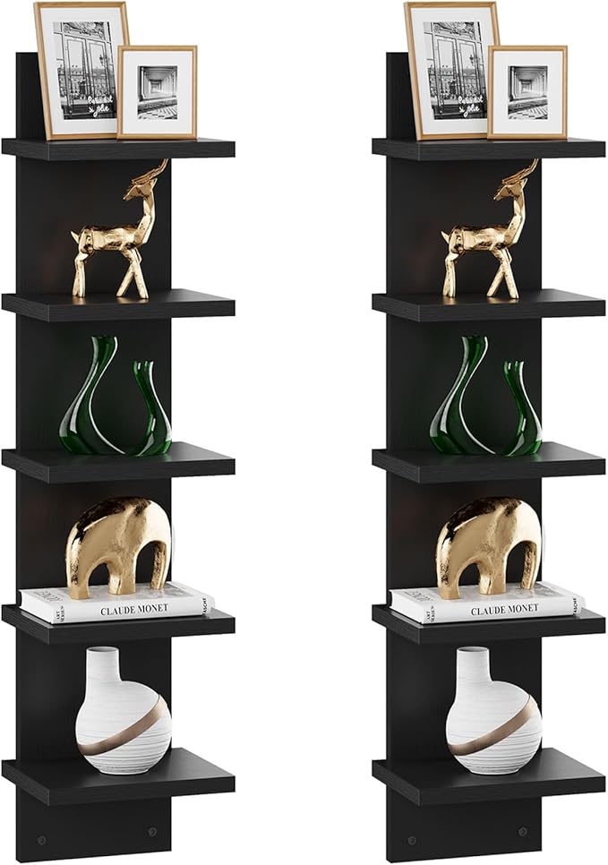 IBUYKE 5 Tier Wall Shelf Unit,Black Vertical Shelf,Floating Storage Shelf,Decorative Wall Mount Vertical Shelving for Home, Bedroom,Living Room,Office Decor WBC009B-2