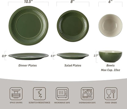 Famiware Garden Plates and Bowls Set, 12-Piece Dishes Set for 4, Scratch Resistant Kitchen Dishes Dinnerware Set - Microwave and Dishwasher Safe, Reactive Glaze and Embossed Stoneware, Dark Green