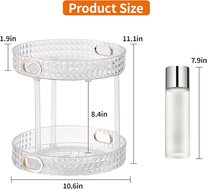 360° Rotating Makeup Organizer, 2 Tier Large Perfume Organizers with Portable Handle for Vanity Bathroom Countertop, Bathroom Counter Organizer for Cosmetics Skincare Perfume