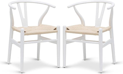 POLY & BARK Weave Dining Chairs – Mid-Century Modern Wishbone Dining Chairs with Arms, Solid Wood Frame, Indoor Use – White – Set of 2 - Ideal for Dining Room, Kitchen or Stylish Accent Setting