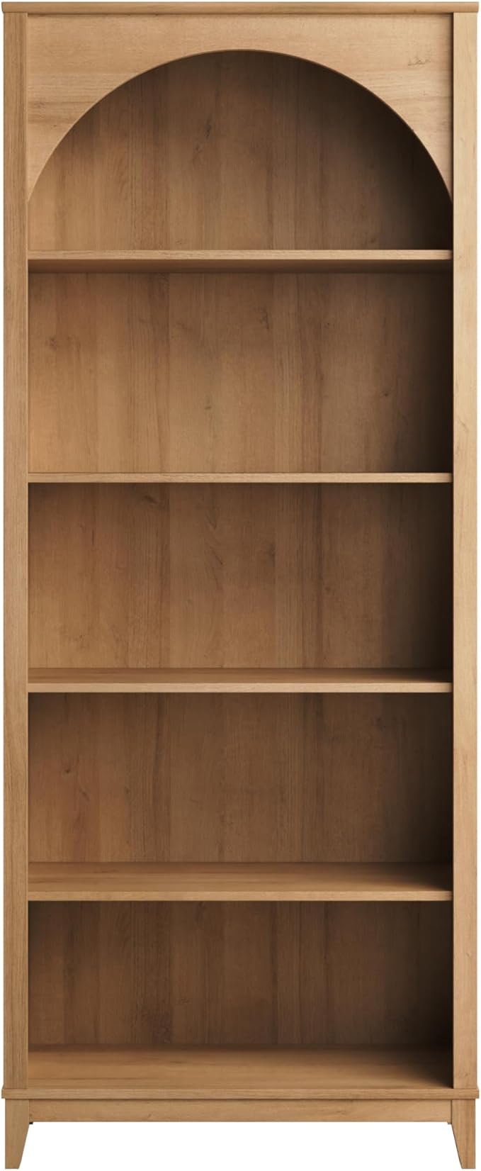 Prepac Ark 78" Tall 5-Tier Arched Bookcase in Natural Oak Veneer, Modern Storage Accent Bookshelf with 3 Adjustable Shelves for Home, Office, Living Room, Bedroom 78”H x 32”W x 13”D