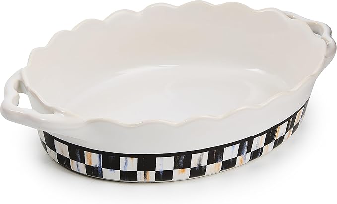 MACKENZIE-CHILDS Everyday Oval Casserole Baker, Cute Oven Baker, Small, Black-and-White Courtly Check