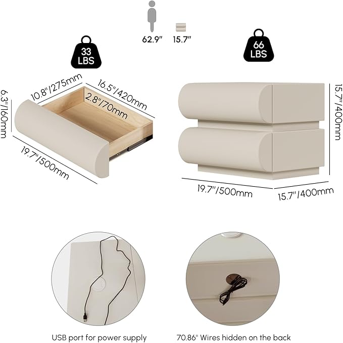 homary Smart Nightstand with Wireless Charging, USB & Type-C Ports – Modern White Faux Leather Nightstand with 2 Drawers, Bedside Table with Charging Station for Bedroom Living Room