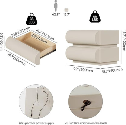 homary Smart Nightstand with Wireless Charging, USB & Type-C Ports – Modern White Faux Leather Nightstand with 2 Drawers, Bedside Table with Charging Station for Bedroom Living Room