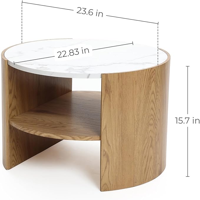 LuxenHome Modern Round Coffee Table with Faux Marble Top & Oak Finish Wood Base, 23.5” Small Center Table with Open Storage Shelf, Wooden Accent Table for Living Room, Apartment, or Office
